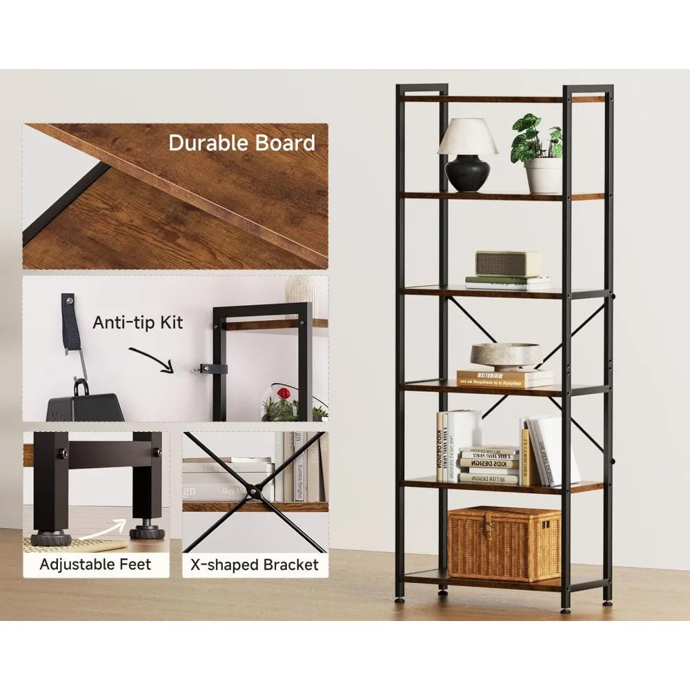 Book Shelf, 6 Tier Tall Bookshelf, Modern Wood Bookcase Shelves for Bedroom, Industrial Display Shelf for Living Room Home Offi