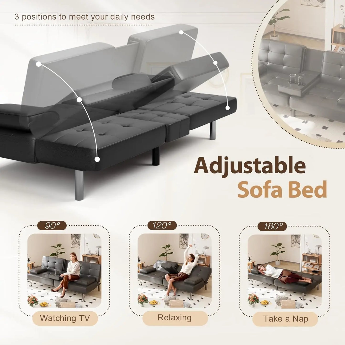 Convertible Folding Futon Sofa Bed Sleeper Couch for Living Room Faux Leather Upholstered Loveseat w/Removable Armrests