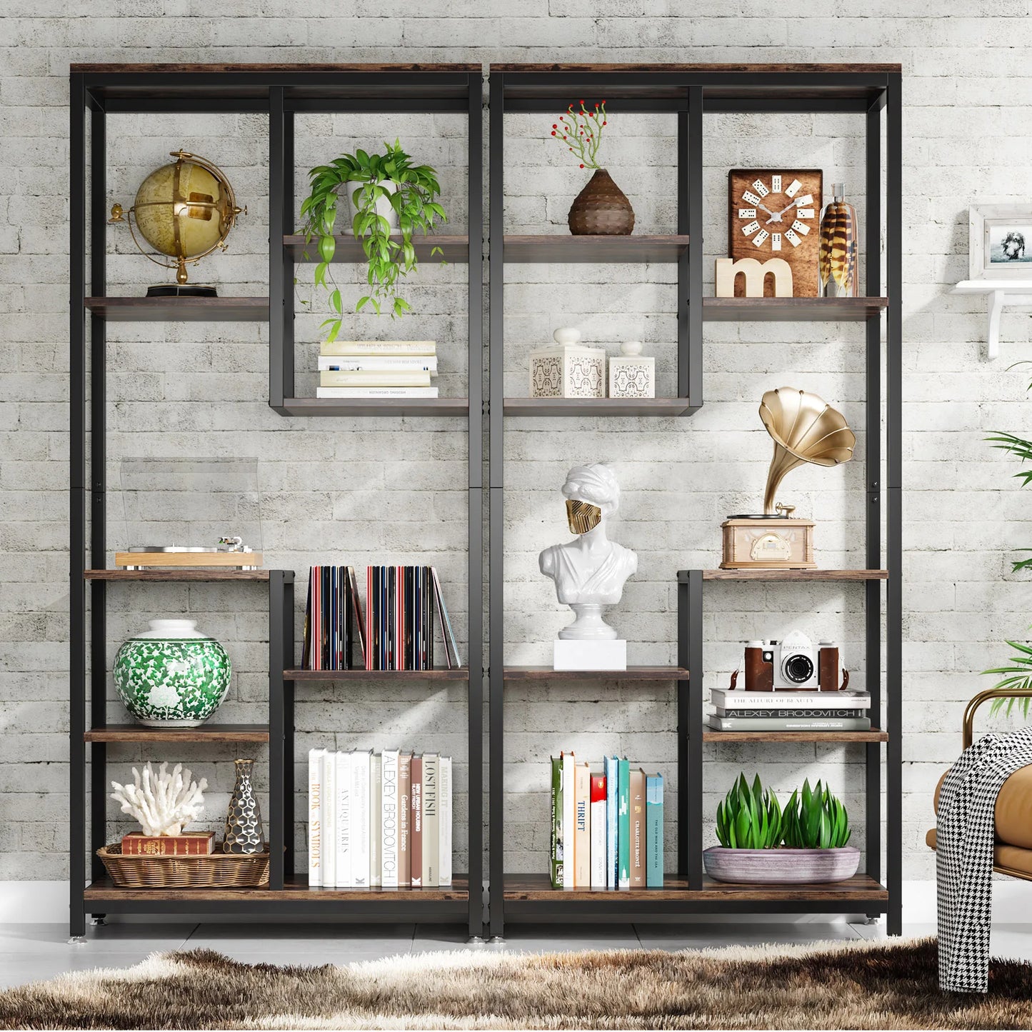 Tribesigns Modern 8-Tier Staggered Bookcase -, Wide Wood Etagere Shelving Unit