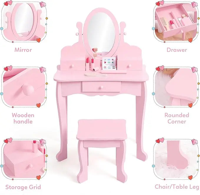 Kids' Vanity Set with Mirror, Makeup Table and Stool for Girls, Vanity Desk and Chair with Wood Makeup Playset for 4-9 Girls