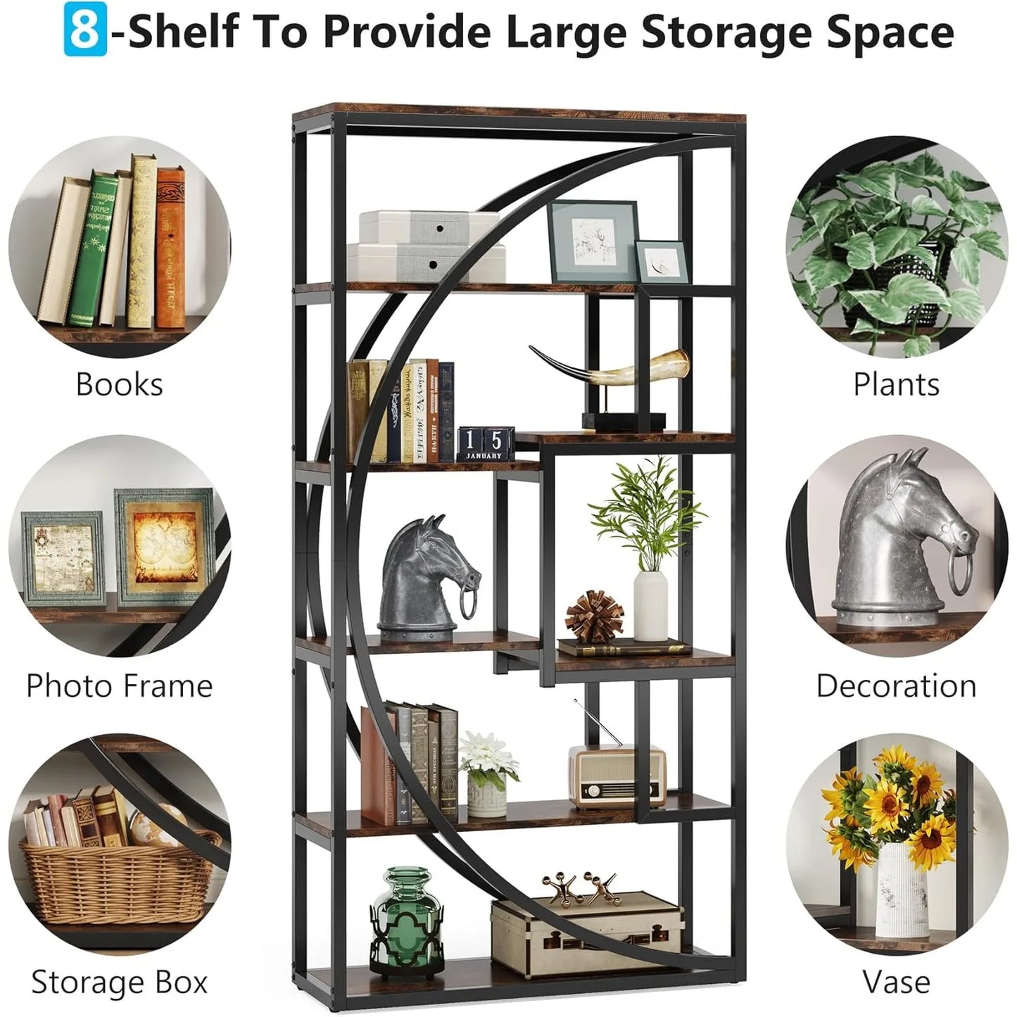 Bookshelf, Industrial 5-Tier Etagere Bookcase, 70.8 inch Tall Bookshelf , Book Shelf Display Tack Shelving Unit