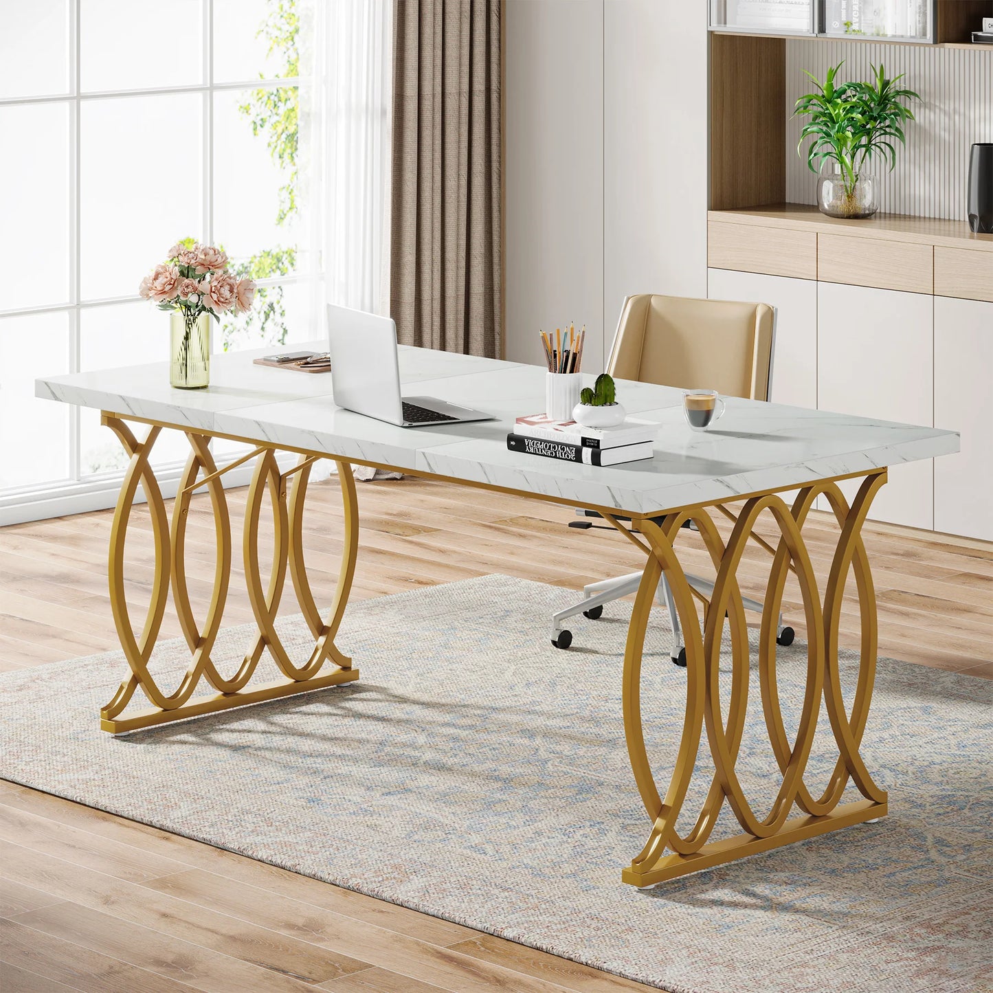 Tribesigns Modern Office Desk, 70.9" Wooden Computer Desk,Executive Desk with Gold Metal Legs, Large Workstation Home Office