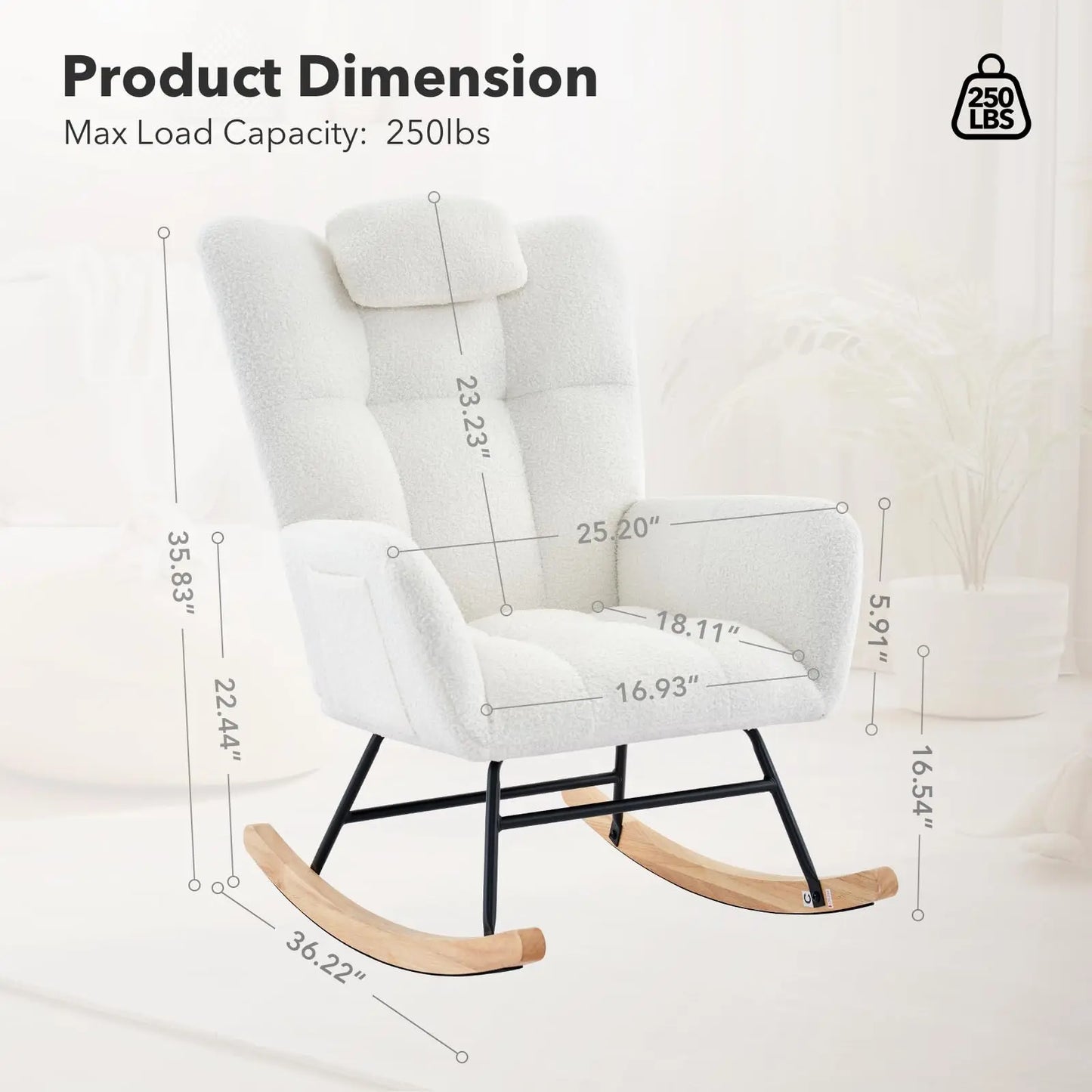 Nursery Rocking Chair Teddy Upholstered Glider Rocker Rocking Accent Chair Padded Seat with High Backrest Armchair Comfy SideCha