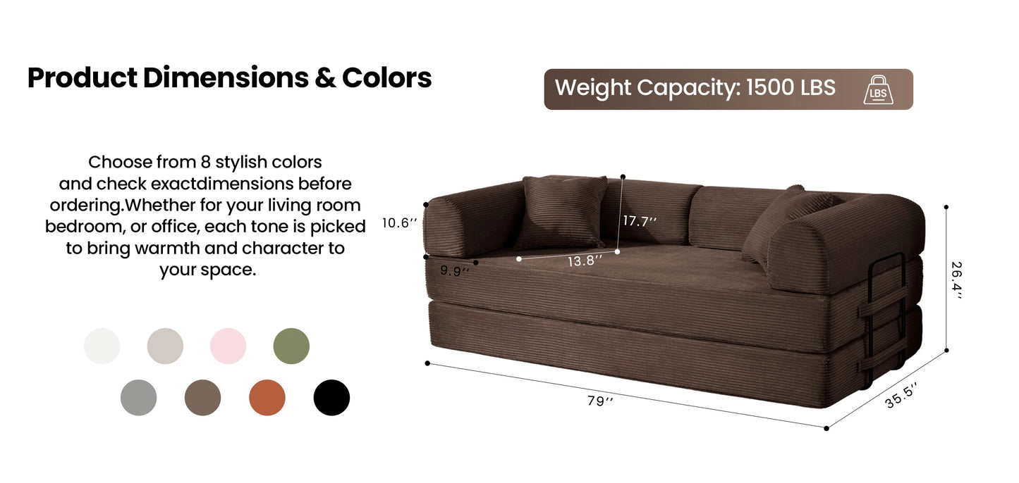 79’’ Folding Convertible Sofa Bed Corduroy Upholstered Boneless Couch, Loveseat Sleeper Floor Sofa for Living Room Bedroom