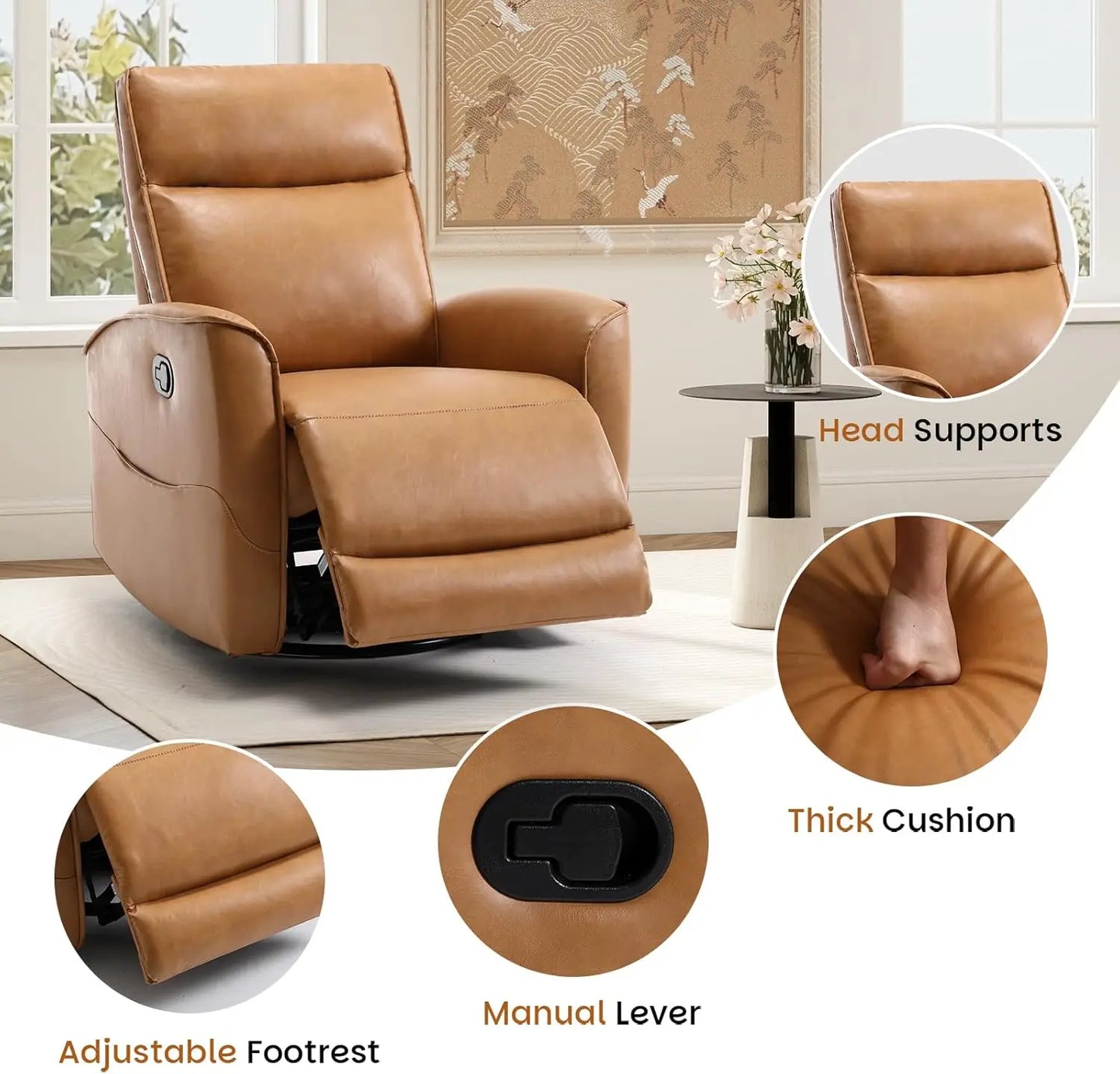 Leather Recliner Chair with 360° Swivel, Rocker Glider for Nursery, Living Room, Small Spaces - Brown