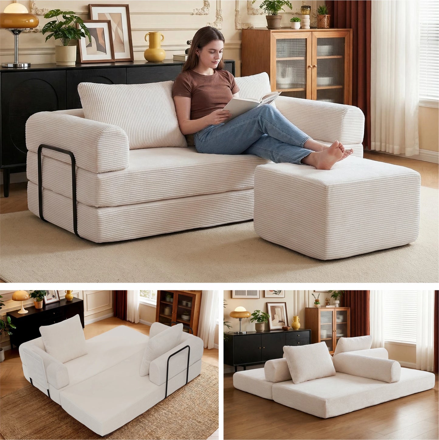 78" Modular Corduroy Sofa Bed with Ottoman, 5in1 Folding Floor Mattress Couch,Sleeper Sofa with Fixed-Shape Frame,Futon Sofa Bed