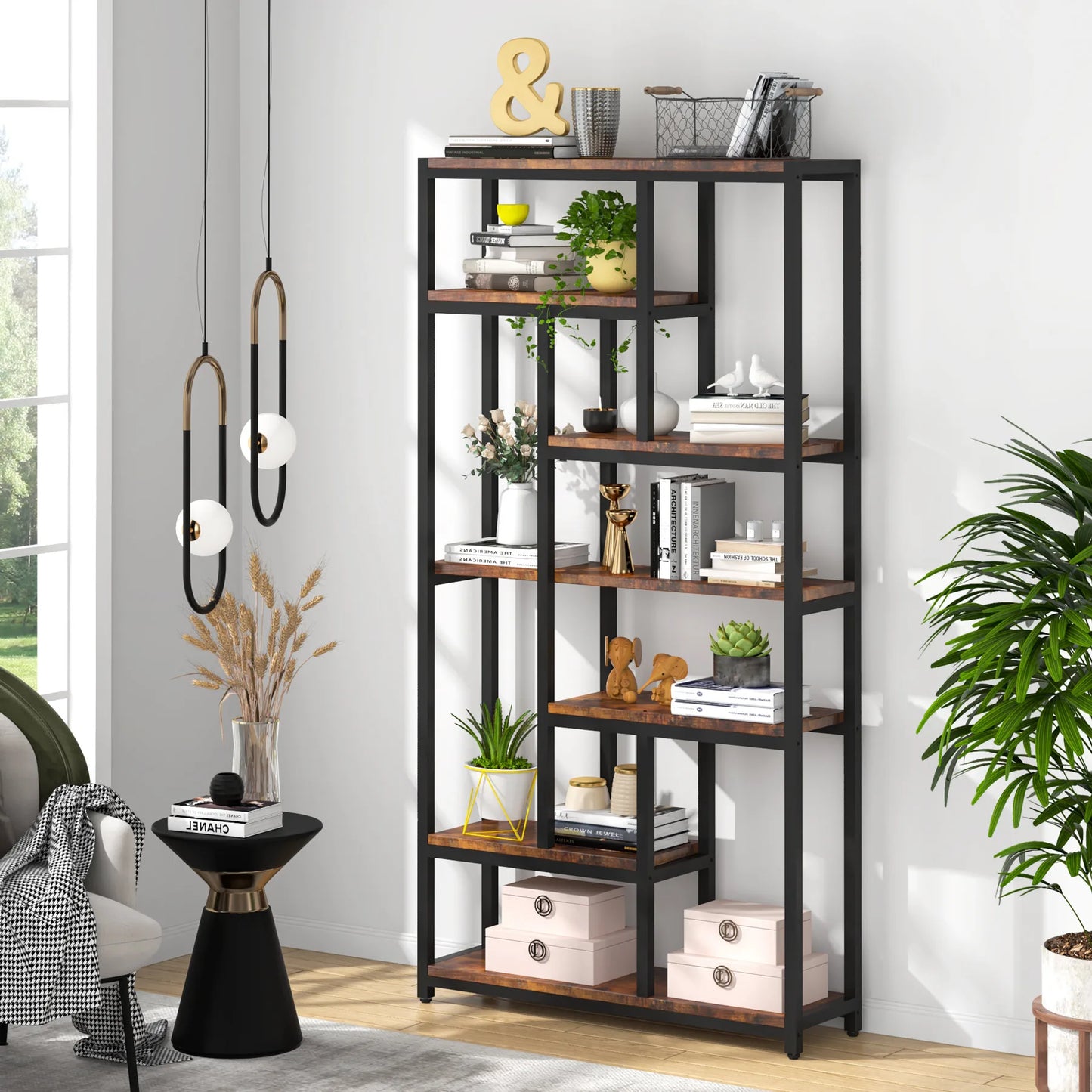 Tribesigns Modern 8-Tier Staggered Bookcase -, Wide Wood Etagere Shelving Unit