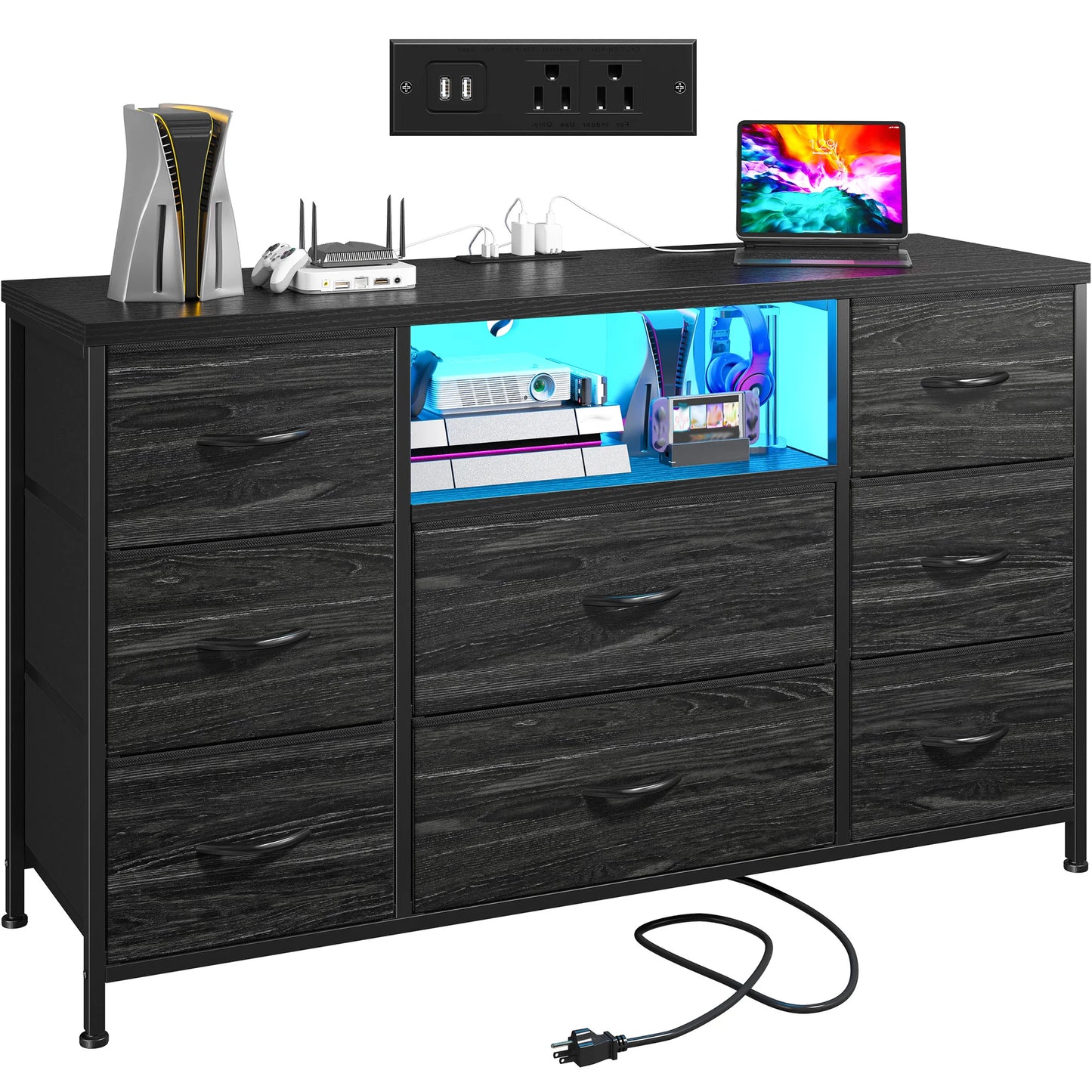 8-Drawer Media Dresser with LED Lighting & Built-in Charging Station - Fabric Storage Cabinet for 55" TVs, Ideal for Bedroom