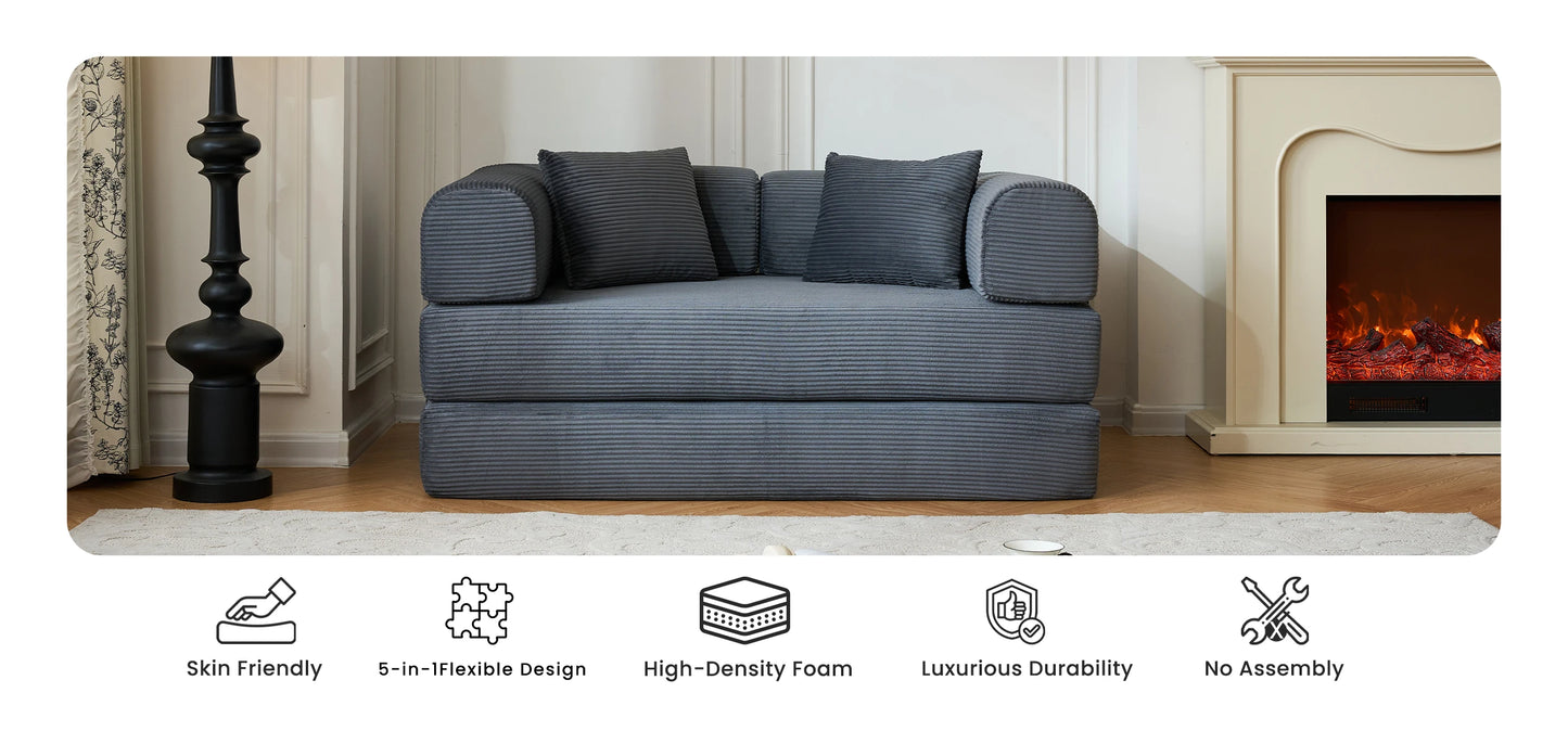 59’’ Convertible Sofa Bed Corduroy Upholstered Boneless Couch, Loveseat Fold Out Small Floor Sleeper for Living Room