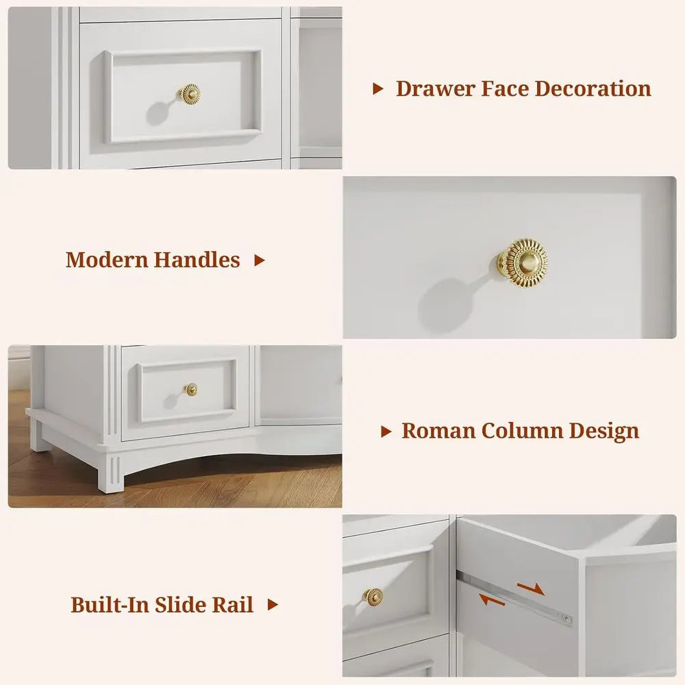 9-Drawer Wide Dresser with 3 Arc Fronts, Roman Columns, White, 55 Long for Bedroom Storage