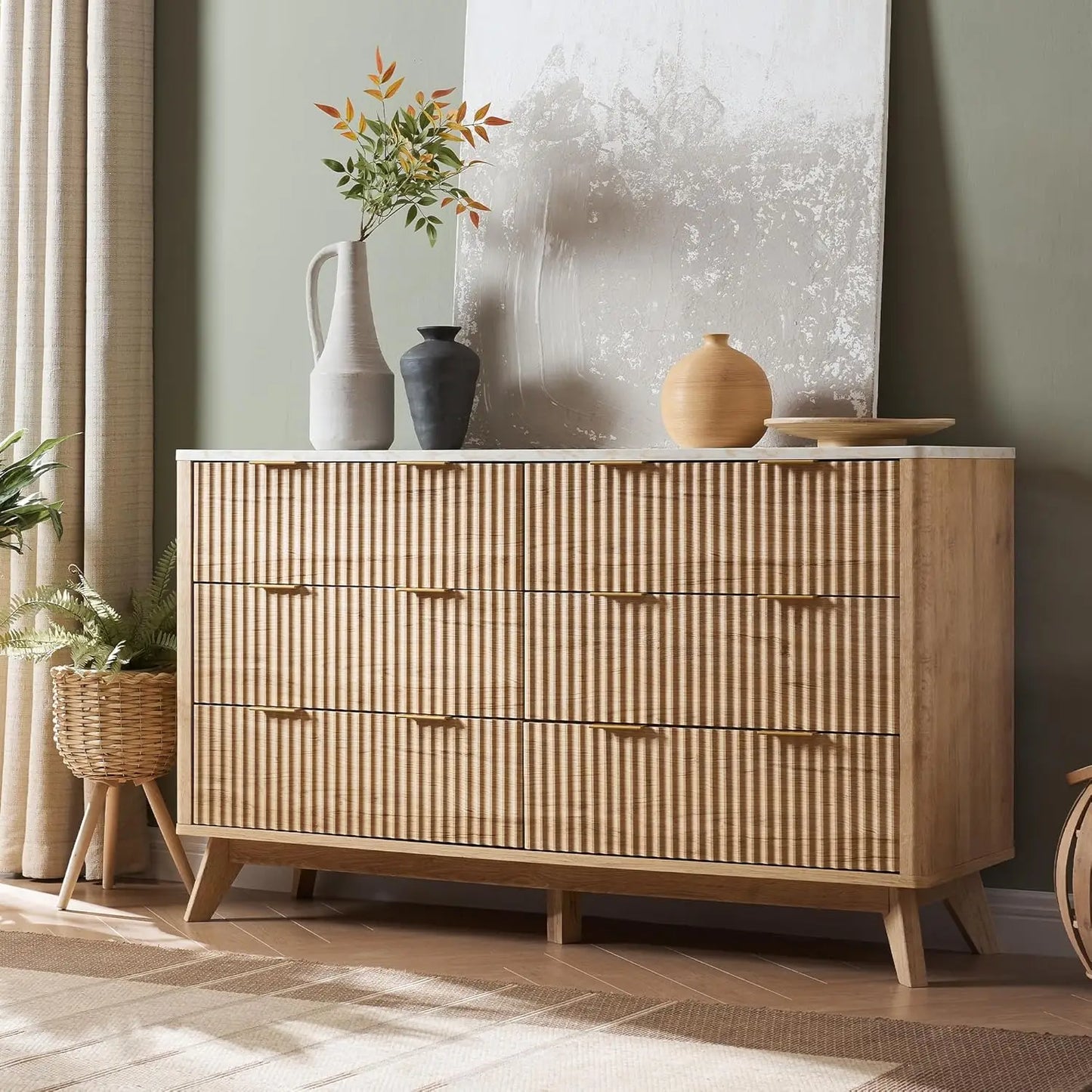 Fluted 6 Drawers Dresser, 54" Wide Modern Chest of Drawers with Faux Marble Top, Curved Profile Design, Dresser TV, Customized