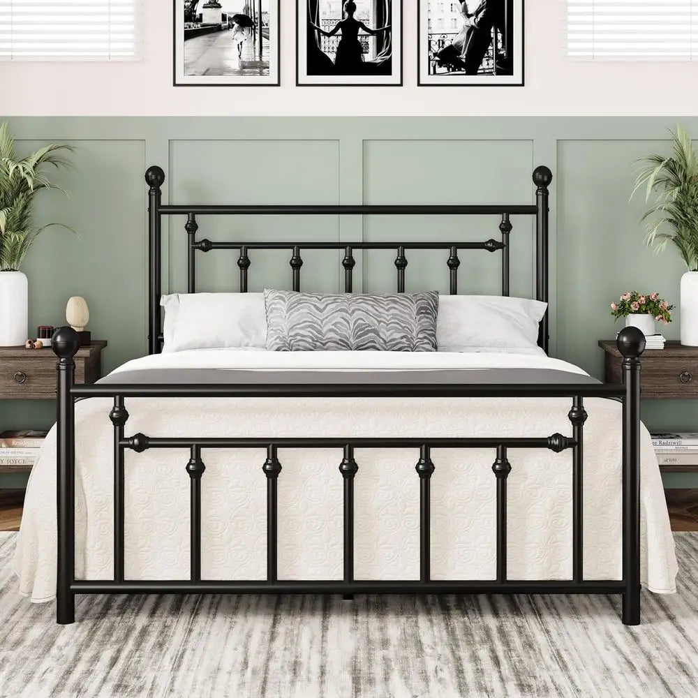 14 Inch Queen Metal Bed Frame with Vintage Headboard, Footboard, Underbed Storage, No Box Spring Needed, Easy Assembly, Black