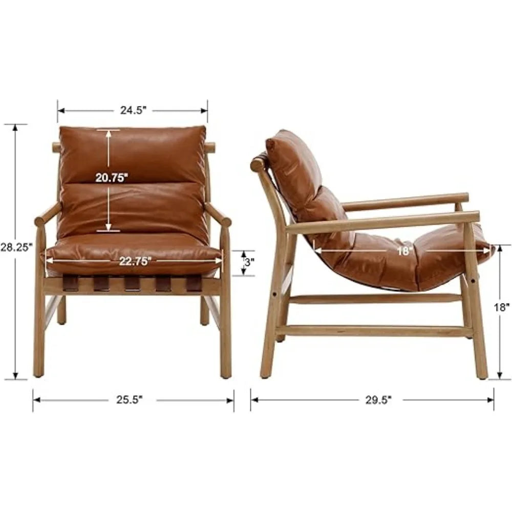 Mid-Century Modern Faux Leather Armchair, Comfortable Wood Frame Lounge Chair for Living Room, Cozy Recliner in Brown