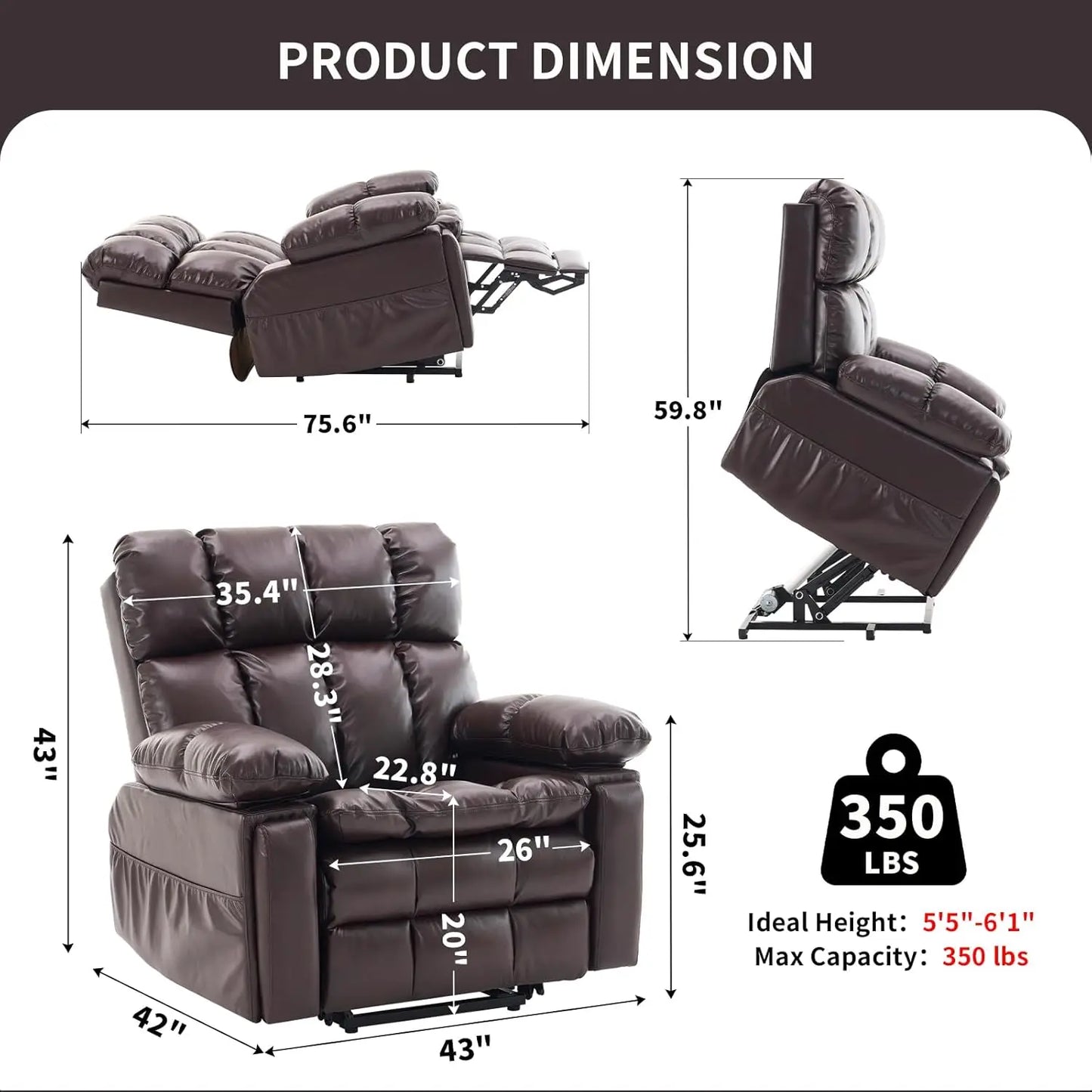Oversized Dual Motor Power Lift Recliner Chair with Adjustable Headrest for Elderly Faux Leather Customizable Infinite Position