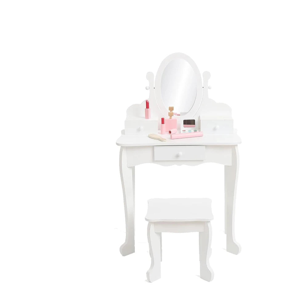 Kids' Vanity Set with Mirror, Makeup Table and Stool for Girls, Vanity Desk and Chair with Wood Makeup Playset for 4-9 Girls