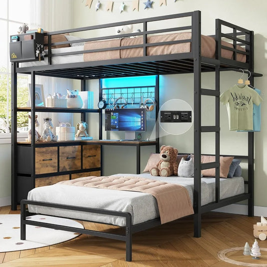 Bunk Bed with L-Shaped Desk,5 Storage Drawers and 2 Shelves Metal Twin XL Over Twin Bunk Bed with LED Lights