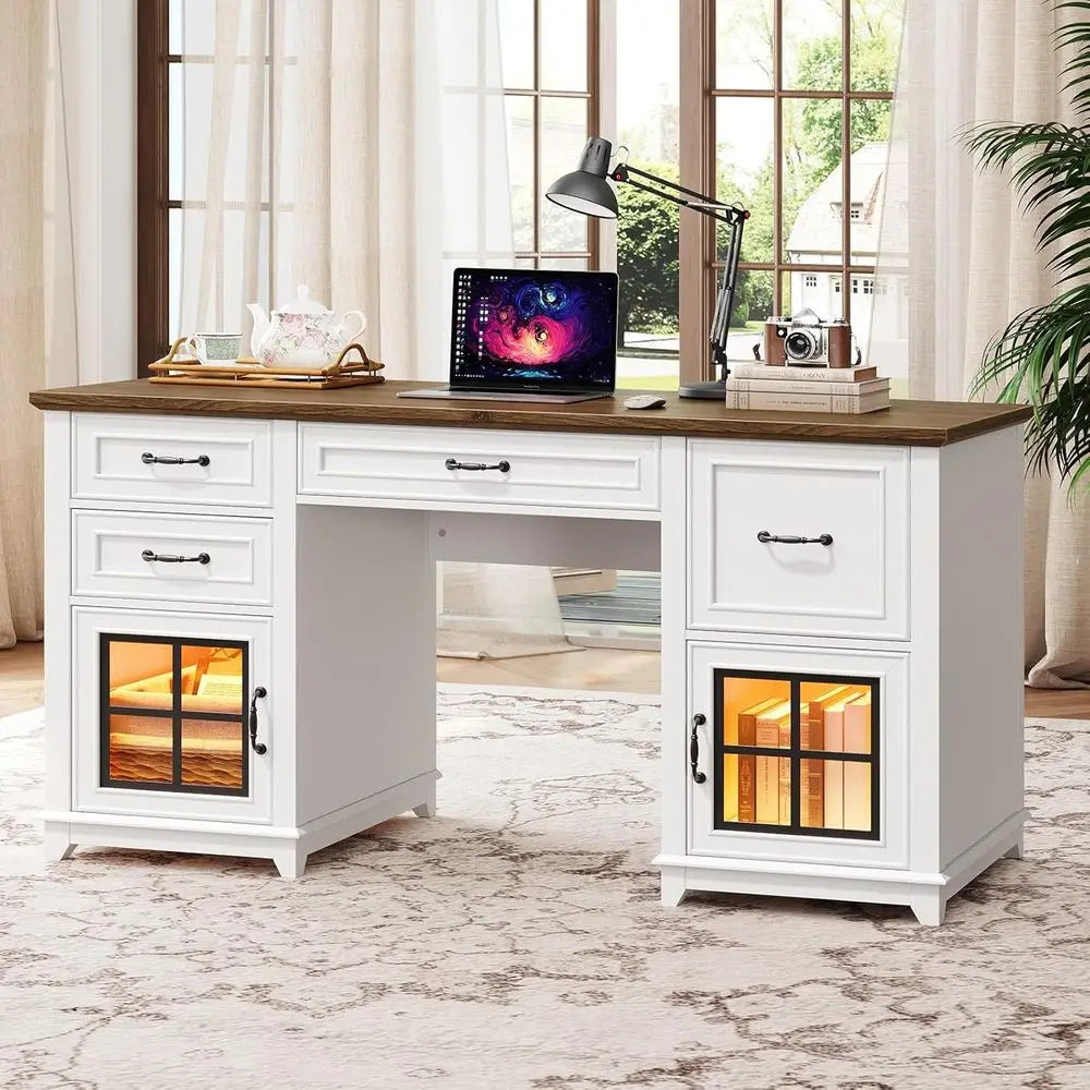 58" Farmhouse Executive Desk, Farmhouse Computer Desk with Drawers & File Cabinet, Wooden Home Office Desk with，Customized