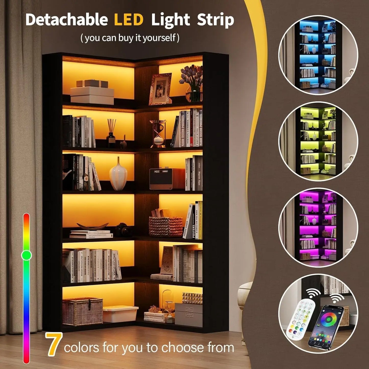 Corner Book Shelf with LED Lights, 71” High Coner Bookshelf with Storage for Living Room, Study Room, Modern, Customized