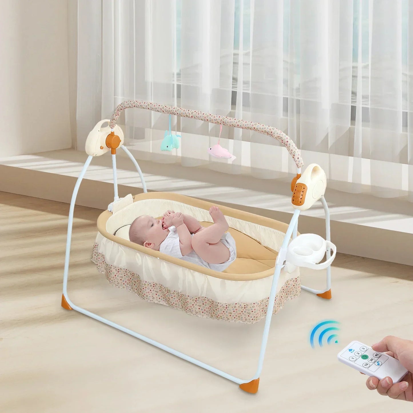 Electric Baby Cradle 5 Speed Baby Swing Foldable Portable 55lbs Capacity With Remote Control for 0-18 Months Living Room (Khaki)