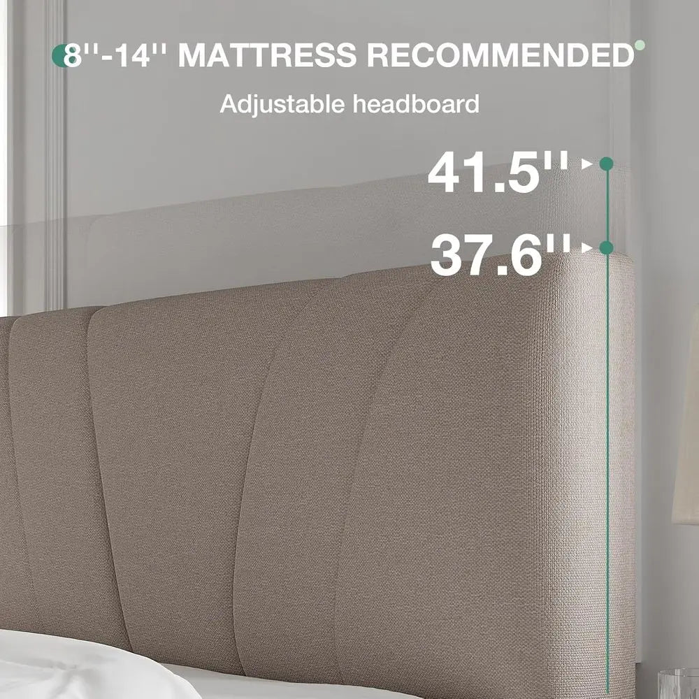 Queen Size Linen Upholstered Bed Frame with Wood Slats, Adjustable Headboard, No Box Spring Needed, Heavy Duty, Easy Assembly, B
