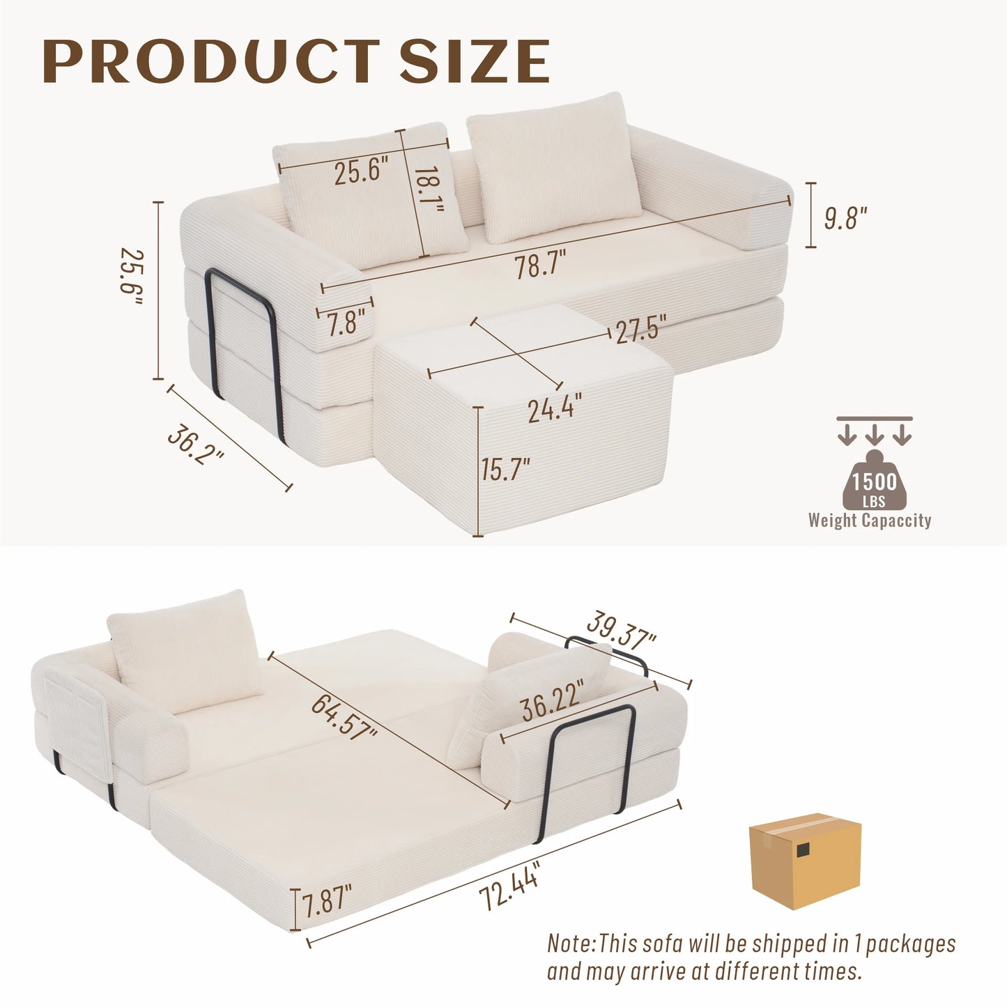 78" Modular Corduroy Sofa Bed with Ottoman, 5in1 Folding Floor Mattress Couch,Sleeper Sofa with Fixed-Shape Frame,Futon Sofa Bed