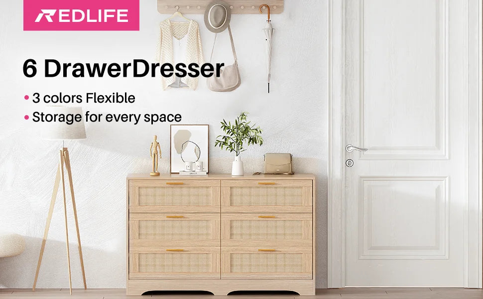 REDLIFE 47.24" Rattan Dresser with 6 Drawers ,Modern Chest Wood Storage Closet w/ Golden Handles for Bedroom Living Room Hallway