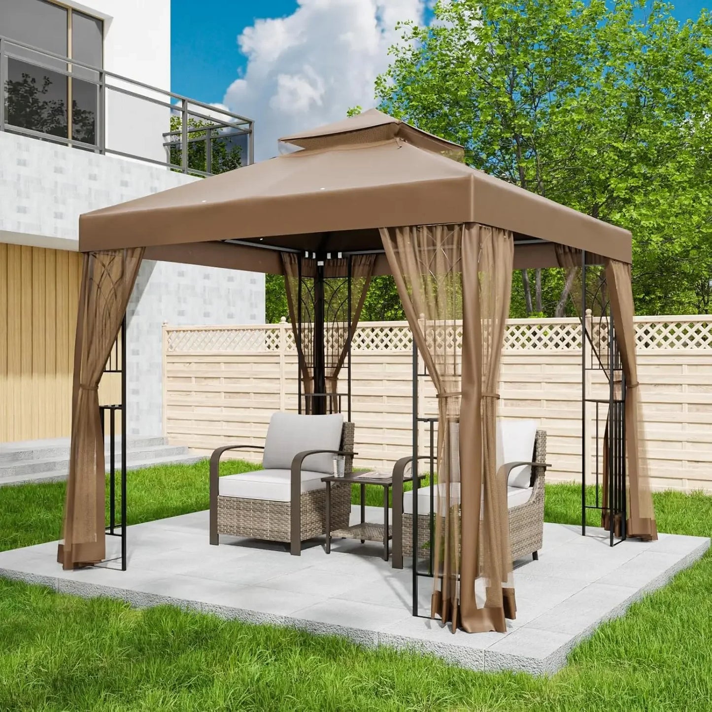 8x8 Patio Gazebo with Mesh Netting, Double Roof Outdoor Pavilion with Corner Shelves for Lawn, Deck, Garden and, Customized
