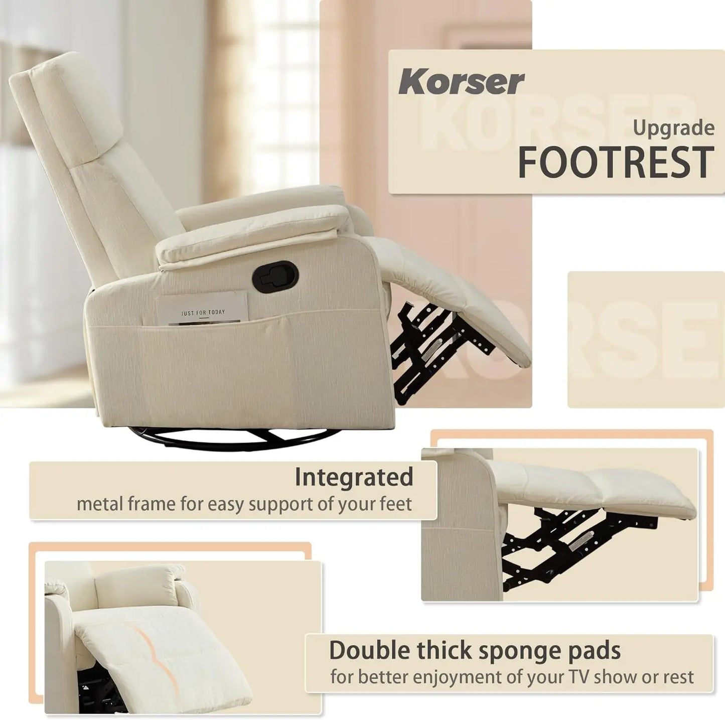 Swivel Rocking Recliner Chair, 360° Rotating Glider with Footrest, Chenille Fabric, Beige for Living Room Nursery