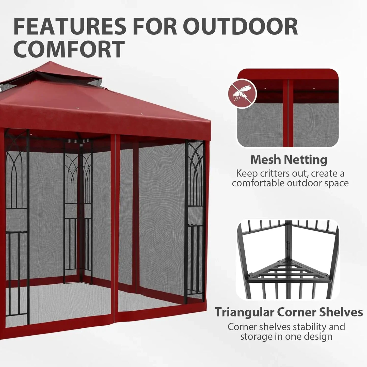 8x8 Patio Gazebo with Mesh Netting, Double Roof Outdoor Pavilion with Corner Shelves for Lawn, Deck, Garden and, Customized