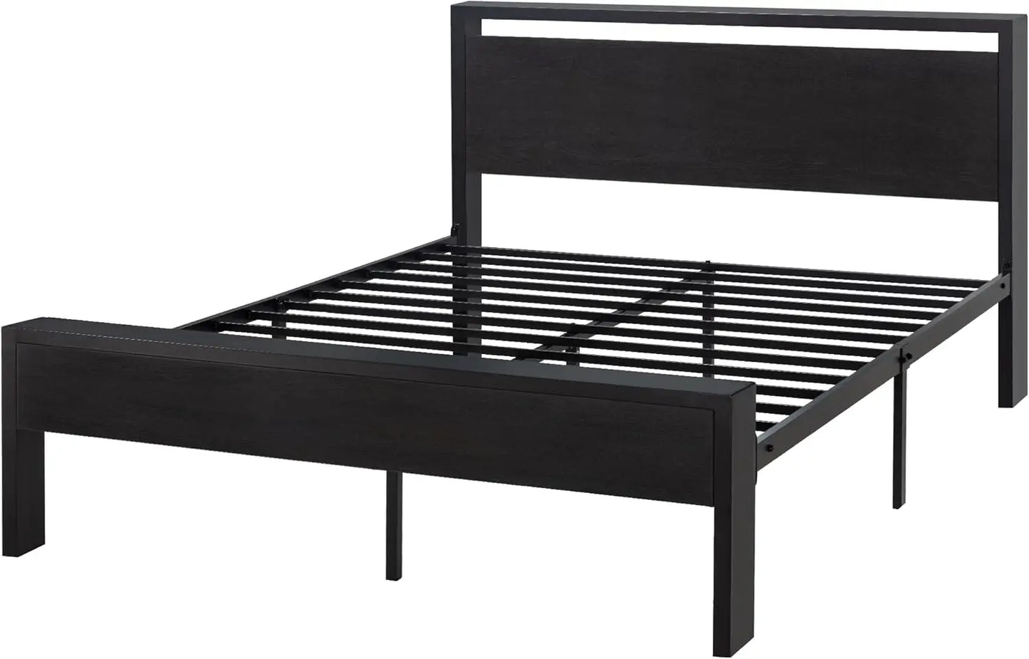 14 Inch Queen Size Metal Platform Bed Frame with Wooden Headboard and Footboard, MattrFoundation, No