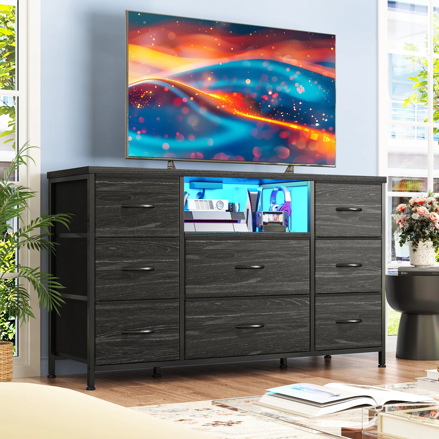 8-Drawer Media Dresser with LED Lighting & Built-in Charging Station - Fabric Storage Cabinet for 55" TVs, Ideal for Bedroom