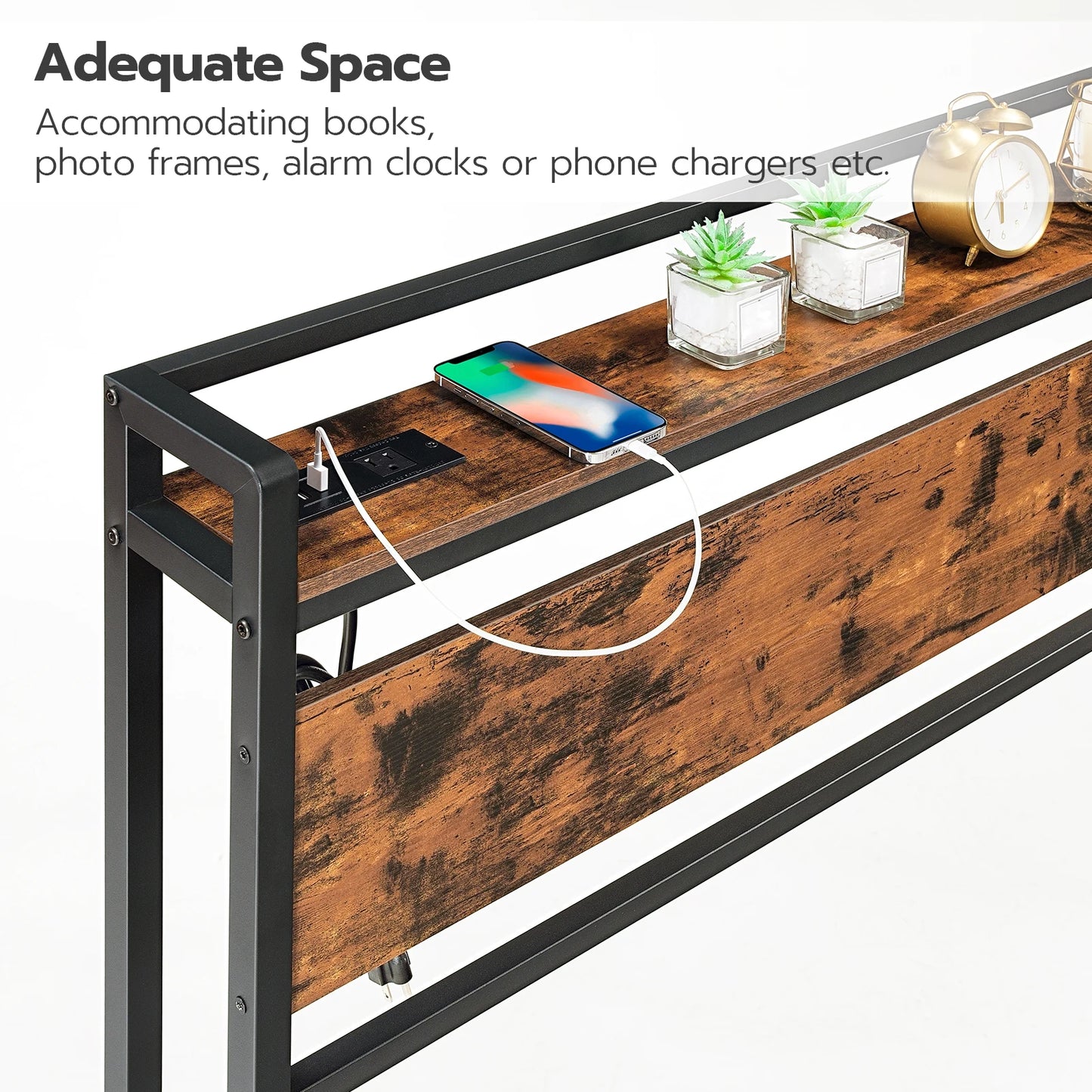 Headboard Queen Size, Headboard with 2 Outlets and 4 USB Ports, Adjustable Height, Storage Rack, Sturdy and Stable