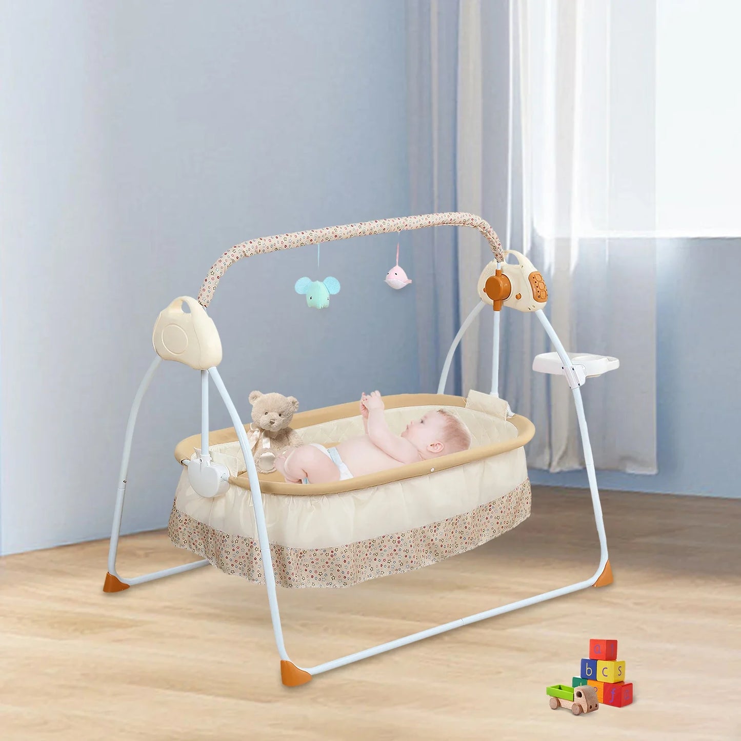 Electric Baby Cradle 5 Speed Baby Swing Foldable Portable 55lbs Capacity With Remote Control for 0-18 Months Living Room (Khaki)