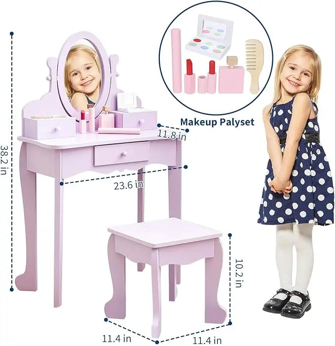 Kids' Vanity Set with Mirror, Makeup Table and Stool for Girls, Vanity Desk and Chair with Wood Makeup Playset for 4-9 Girls