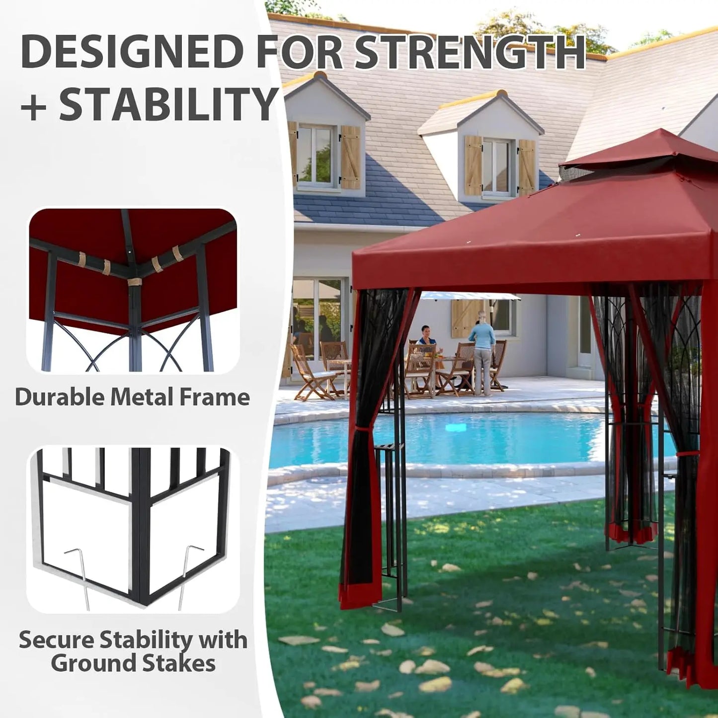 8x8 Patio Gazebo with Mesh Netting, Double Roof Outdoor Pavilion with Corner Shelves for Lawn, Deck, Garden and, Customized