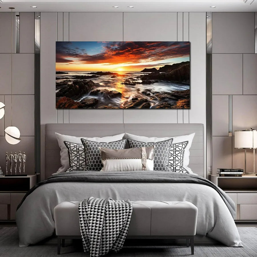 Large Natural Landscape Canvas Wall Art for Living Room, View of Ocean Sunset Panorama Wall-Decor Picture,59x29 Inches