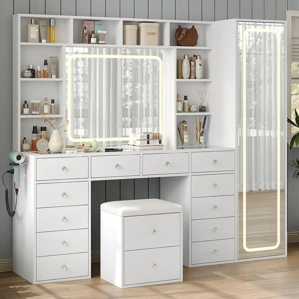 LED-Illuminated Makeup Vanity Desk with 14 Drawers, 10 Shelves, and Hidden Storage, White