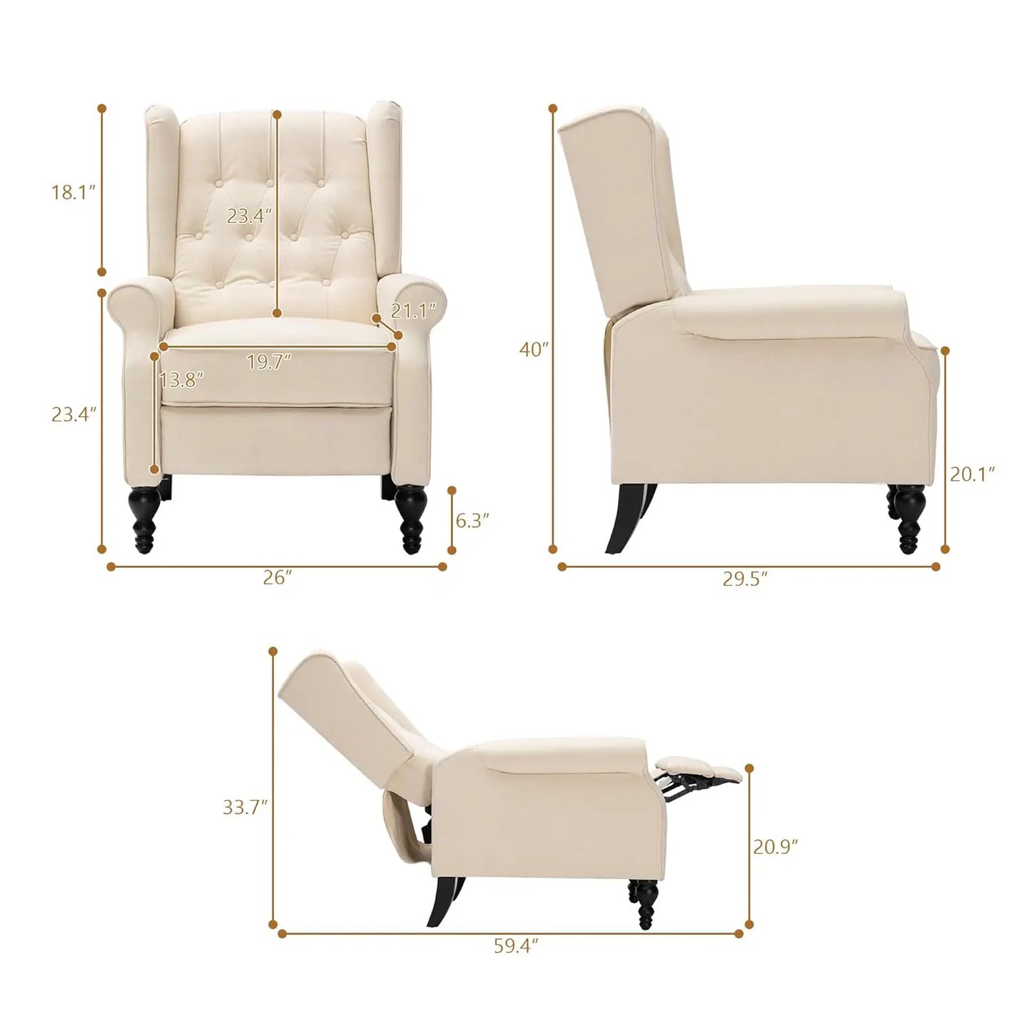 Mid Century Wingback Recliner Chair for Adults, Modern Linen Fabric Push Back Recliner Chairs with Button Tufted, Customized