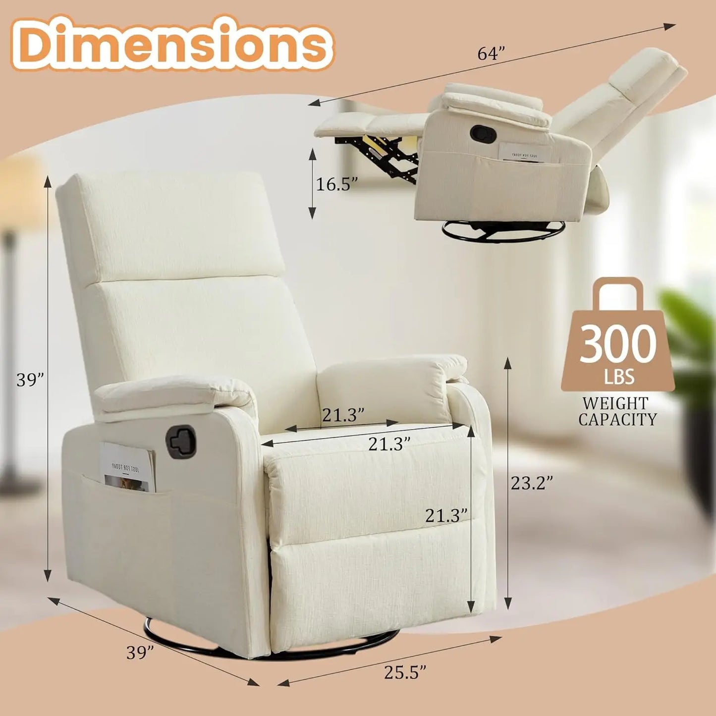 Swivel Rocking Recliner Chair, 360° Rotating Glider with Footrest, Chenille Fabric, Beige for Living Room Nursery
