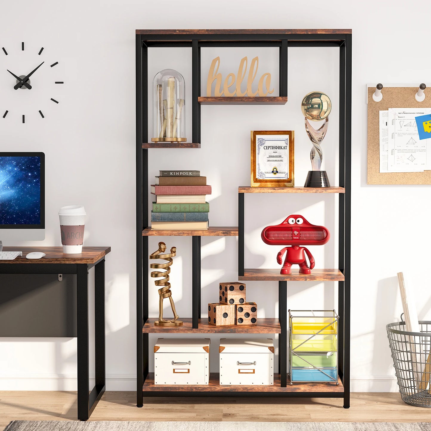 Tribesigns Modern 8-Tier Staggered Bookcase -, Wide Wood Etagere Shelving Unit