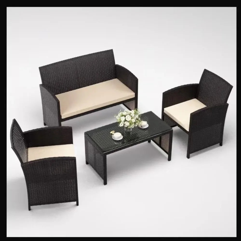 Premium 4-piece patio furniture set, wicker conversation set with 2 rattan chairs 1 loveseat 1 coffee table removable seat cushi