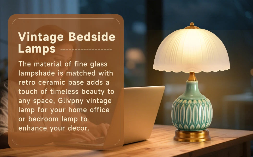 Vintage Lamp for Living Room,16" Modern Ceramic Table Lamps for Bedroom,Retro Bedside Nightstand Traditional Lamps,Classic Chino