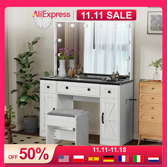 Farmhouse Vanity Desk w/ Lighted Mirror Hollywood Makeup Desk w/ 3 Drawers & 2 Cabinets 43" Dressing Vanity Table Stool Included