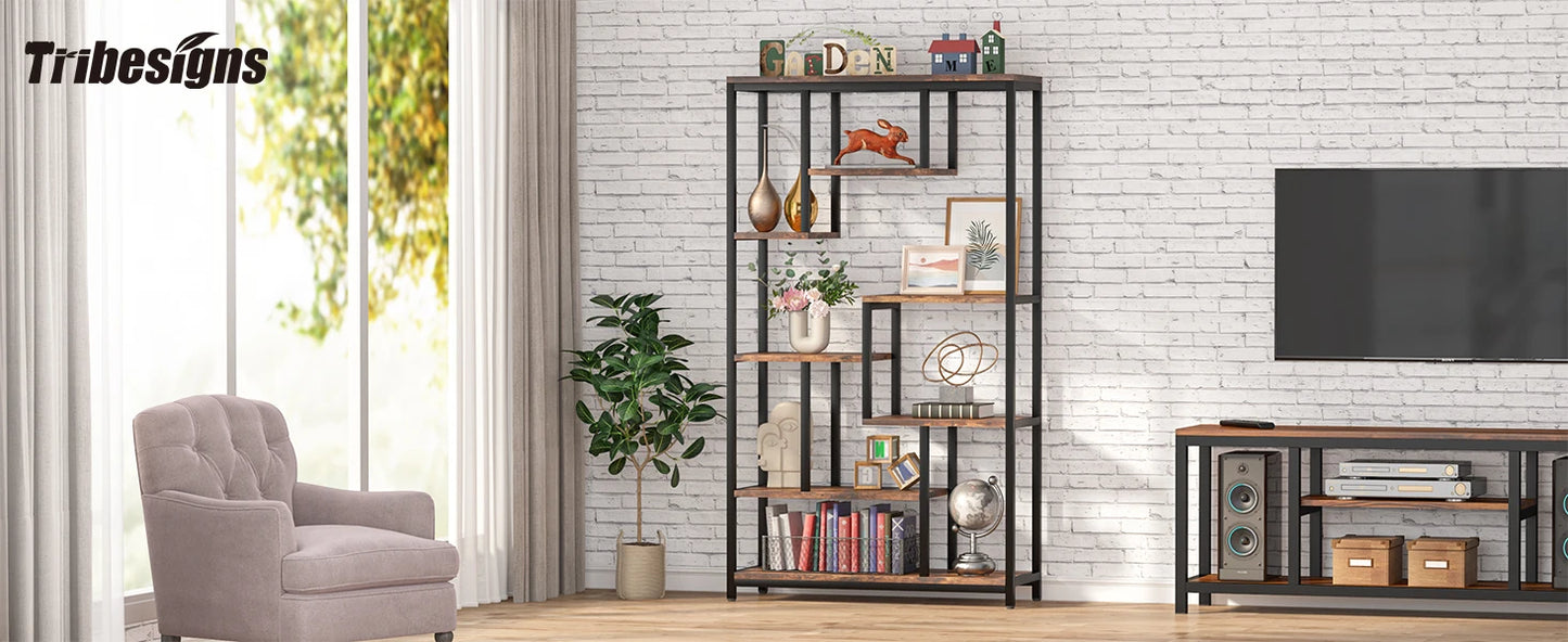 Tribesigns Modern 8-Tier Staggered Bookcase -, Wide Wood Etagere Shelving Unit