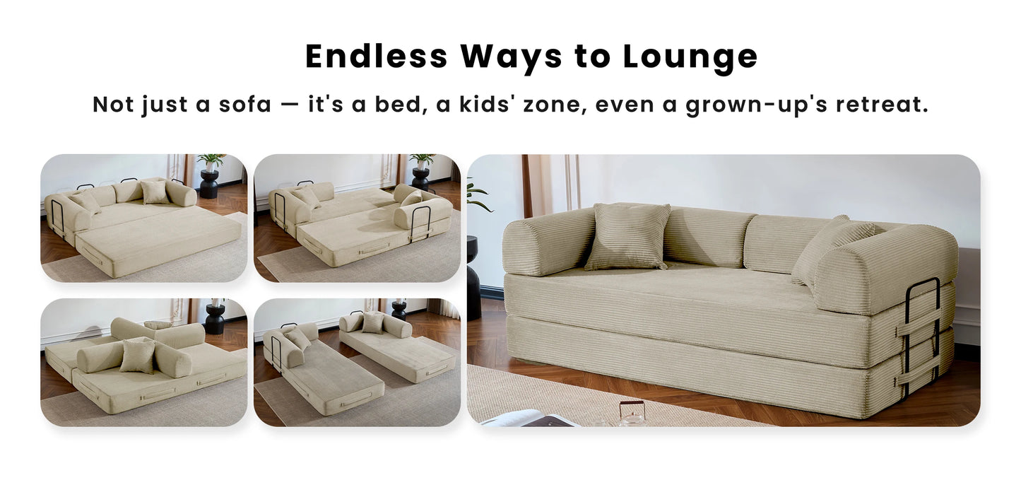 79’’ Folding Convertible Sofa Bed Corduroy Upholstered Boneless Couch, Loveseat Sleeper Floor Sofa for Living Room Bedroom
