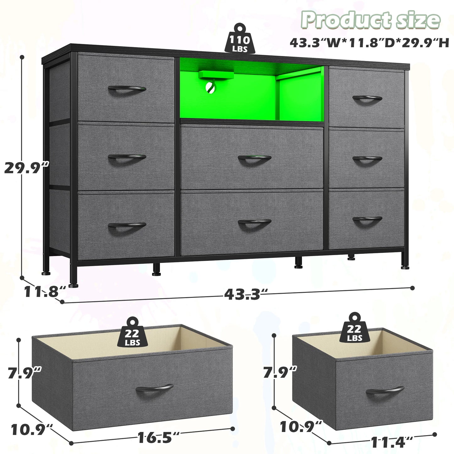 8-Drawer Media Dresser with LED Lighting & Built-in Charging Station - Fabric Storage Cabinet for 55" TVs, Ideal for Bedroom