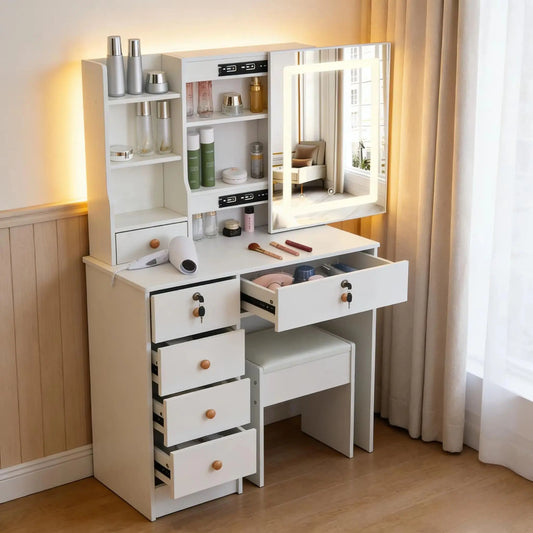 Teousev White Hollywood Vanity Set with Touch Control Dimmer LED Mirror 6 Drawers & Stool 3 Color Lighting Easy Assembly Bedroom
