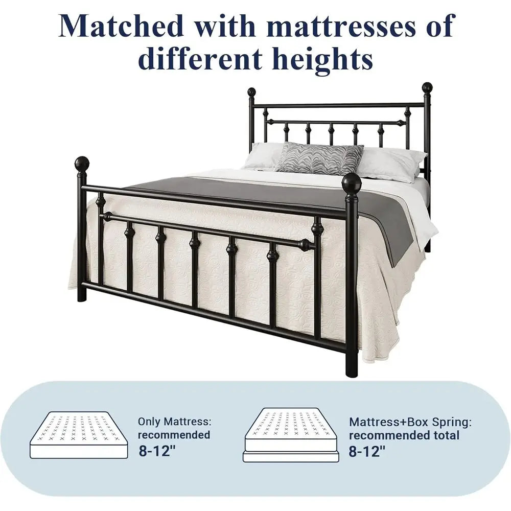 14 Inch Queen Metal Bed Frame with Vintage Headboard, Footboard, Underbed Storage, No Box Spring Needed, Easy Assembly, Black