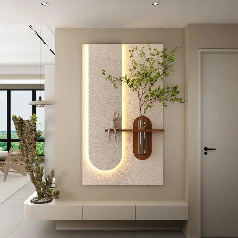 Adjustable 3-Color LED Sandstone Wall Decor with Simulated Green Plants, 3D Art Sculpture, Glass Vase & Rabbit Statue, Remote