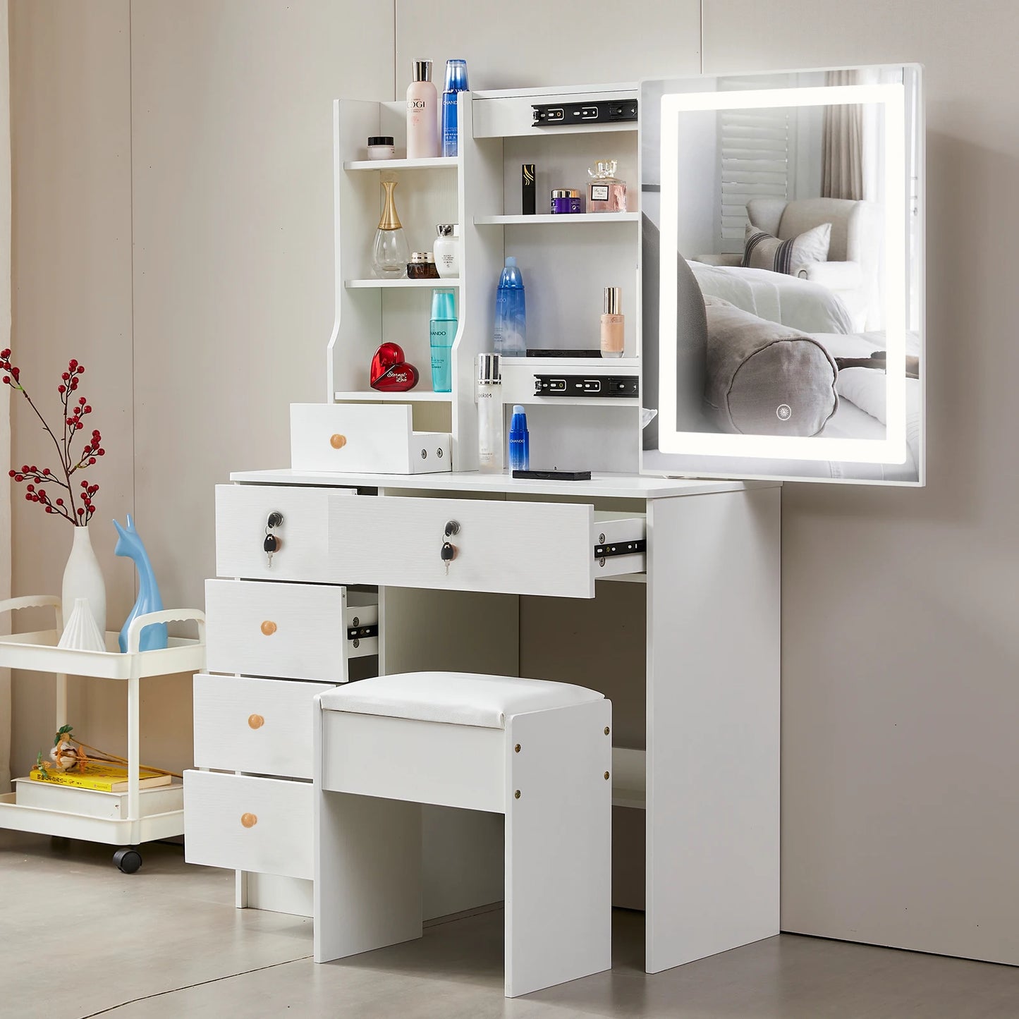 Teousev White Hollywood Vanity Set with Touch Control Dimmer LED Mirror 6 Drawers & Stool 3 Color Lighting Easy Assembly Bedroom